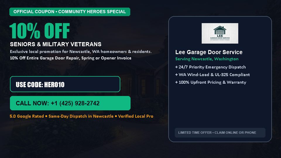 Lee Garage Door Service 10% OFF Seniors & Military Veterans in Newcastle, WA
